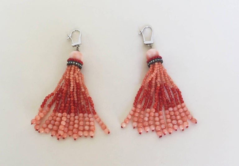 Two Tone Red Coral Tassel Earrings with Diamonds and 14 K White Gold