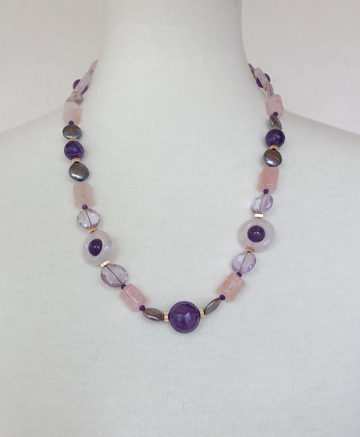 Amethyst, Rose Quartz, Pink Aquamarine & Pearl Necklace with 14k Gold