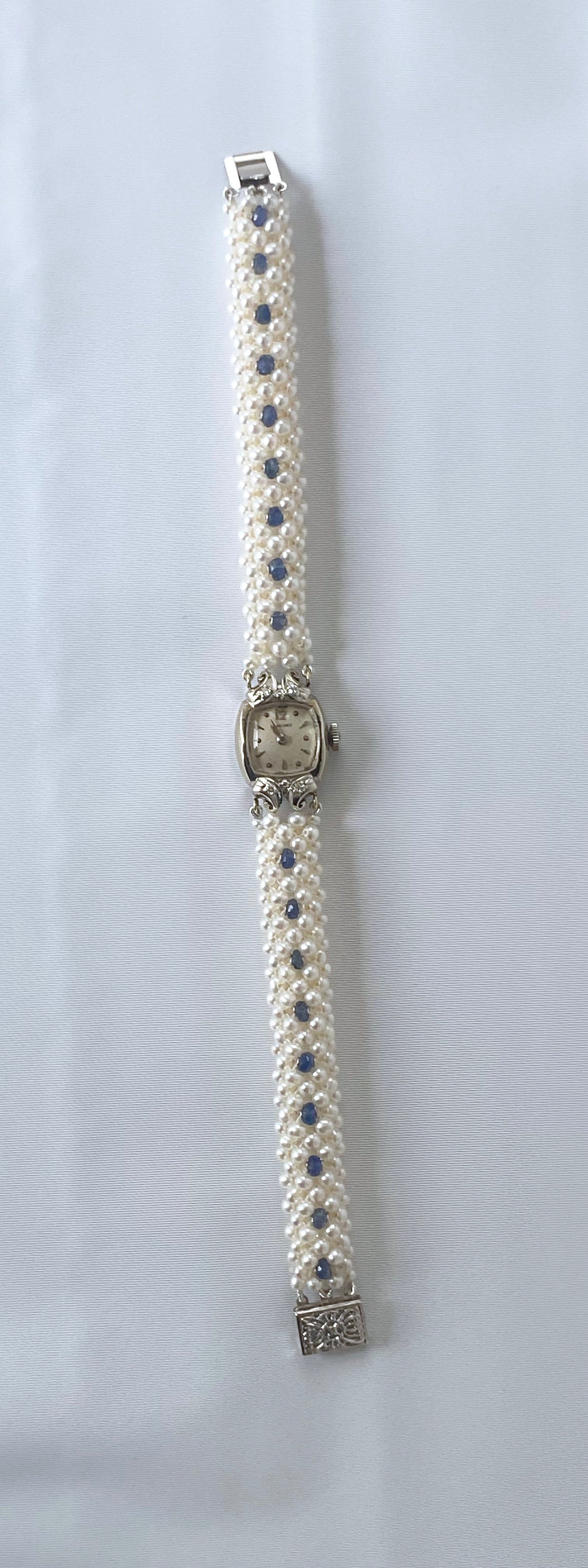 Antique 14k Longines Diamond Encrusted Watch with Blue Sapphire and Pearl Band