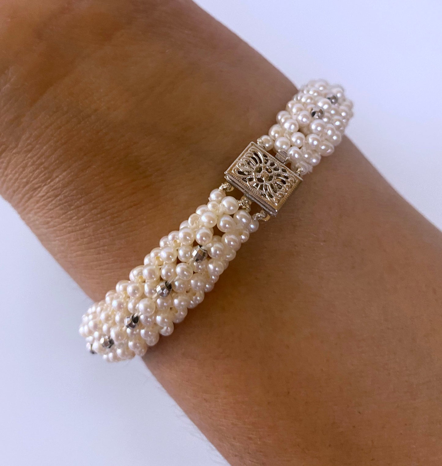 Woven Pearl Band with Vintage 14k White Gold Diamond encrusted Watch