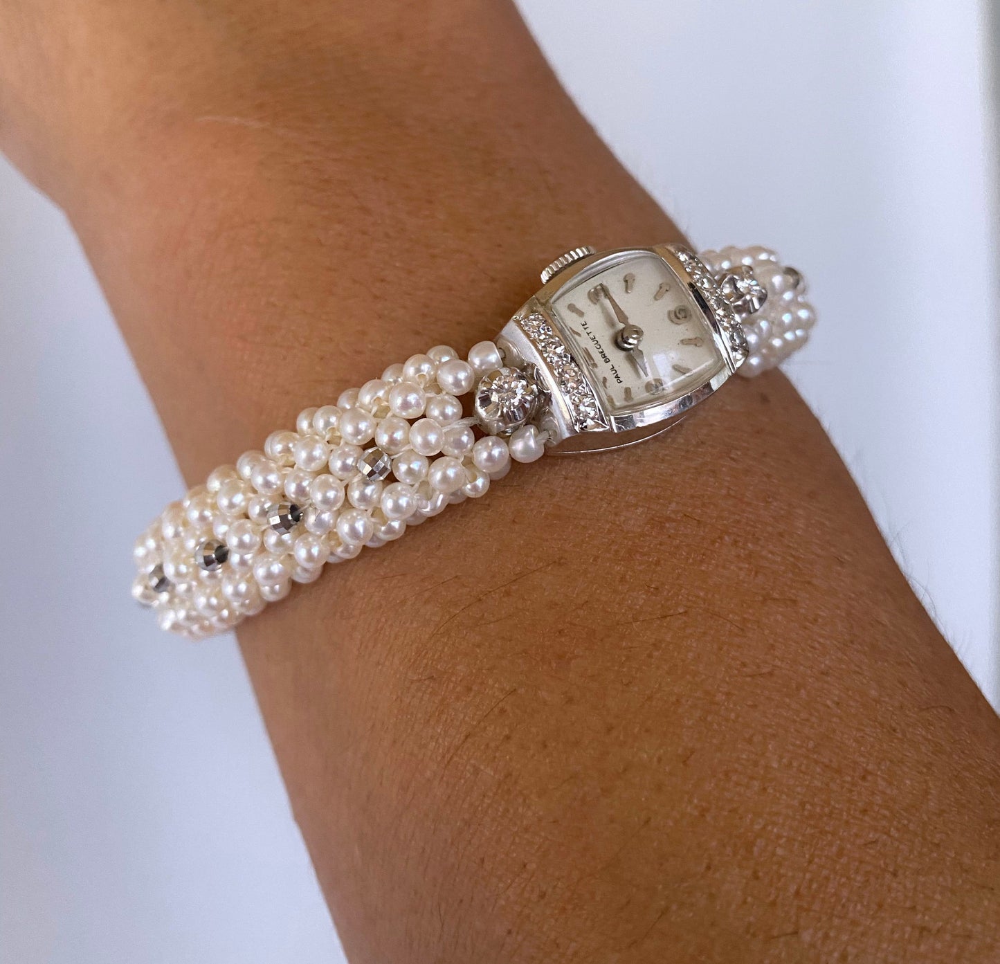 Woven Pearl Band with Vintage 14k White Gold Diamond encrusted Watch