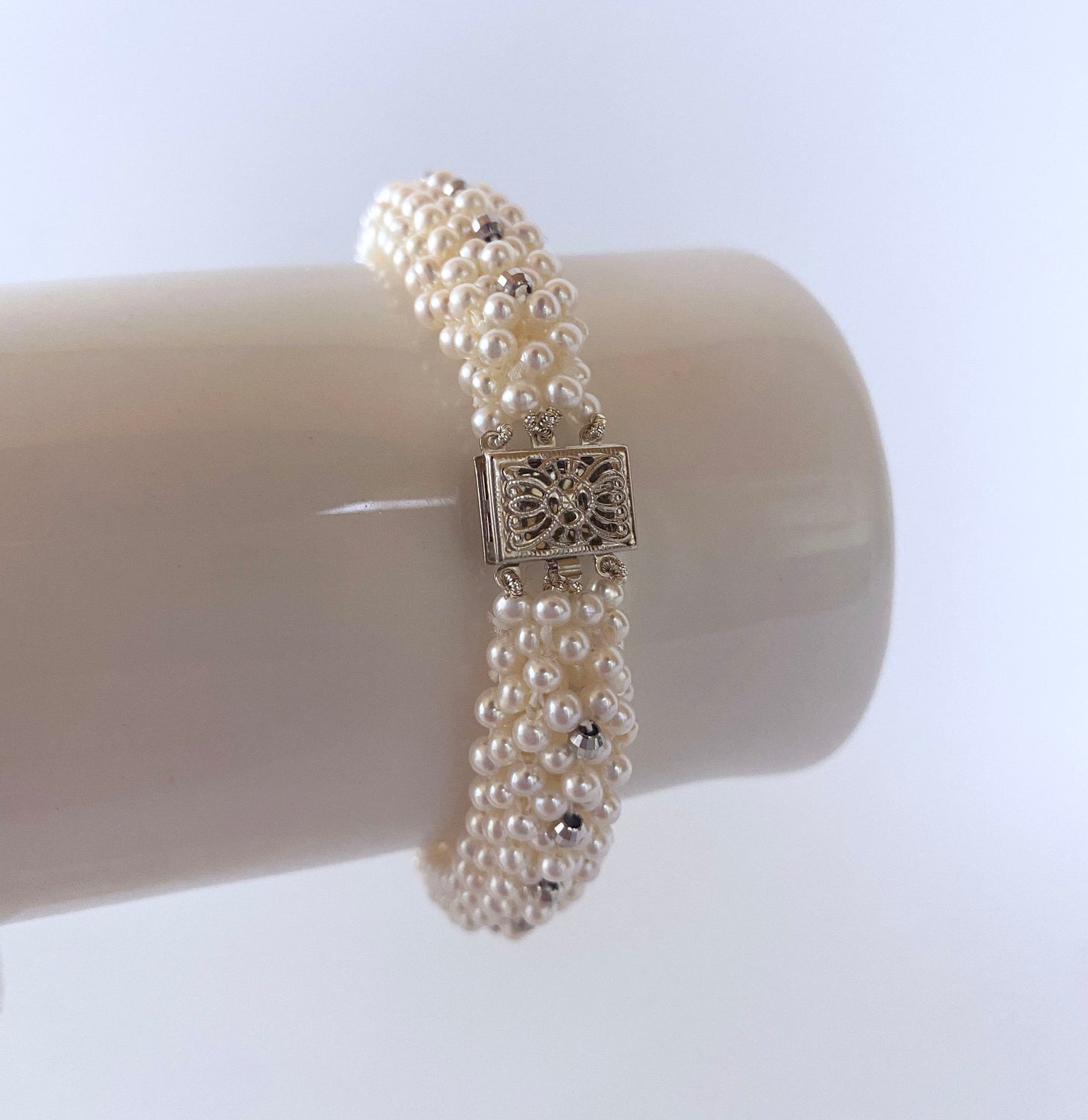 Woven Pearl Band with Vintage 14k White Gold Diamond encrusted Watch