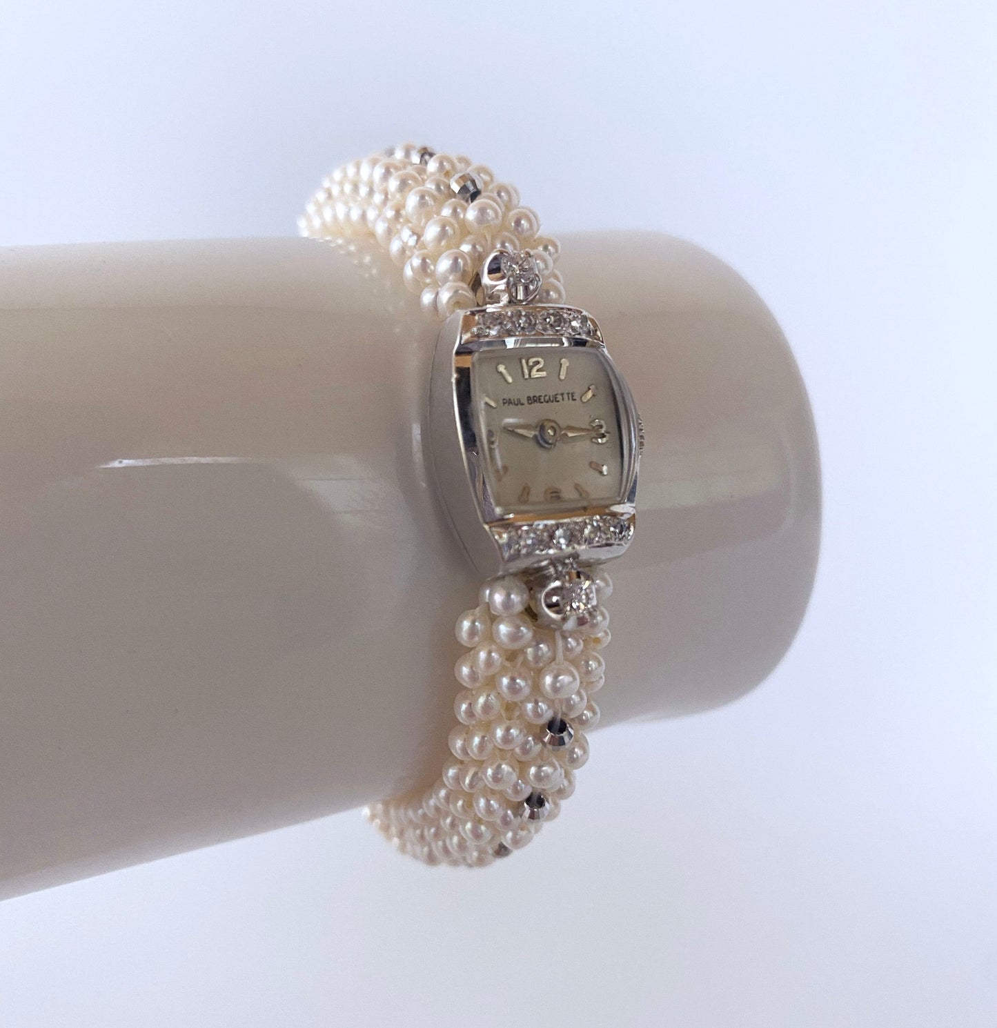 Woven Pearl Band with Vintage 14k White Gold Diamond encrusted Watch