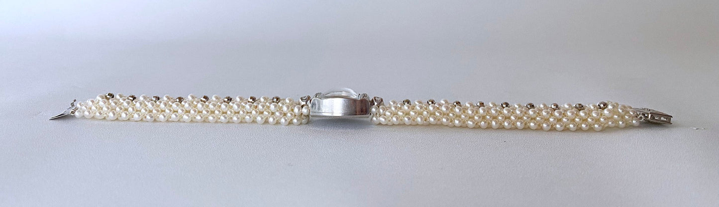 Woven Pearl Band with Vintage 14k White Gold Diamond encrusted Watch