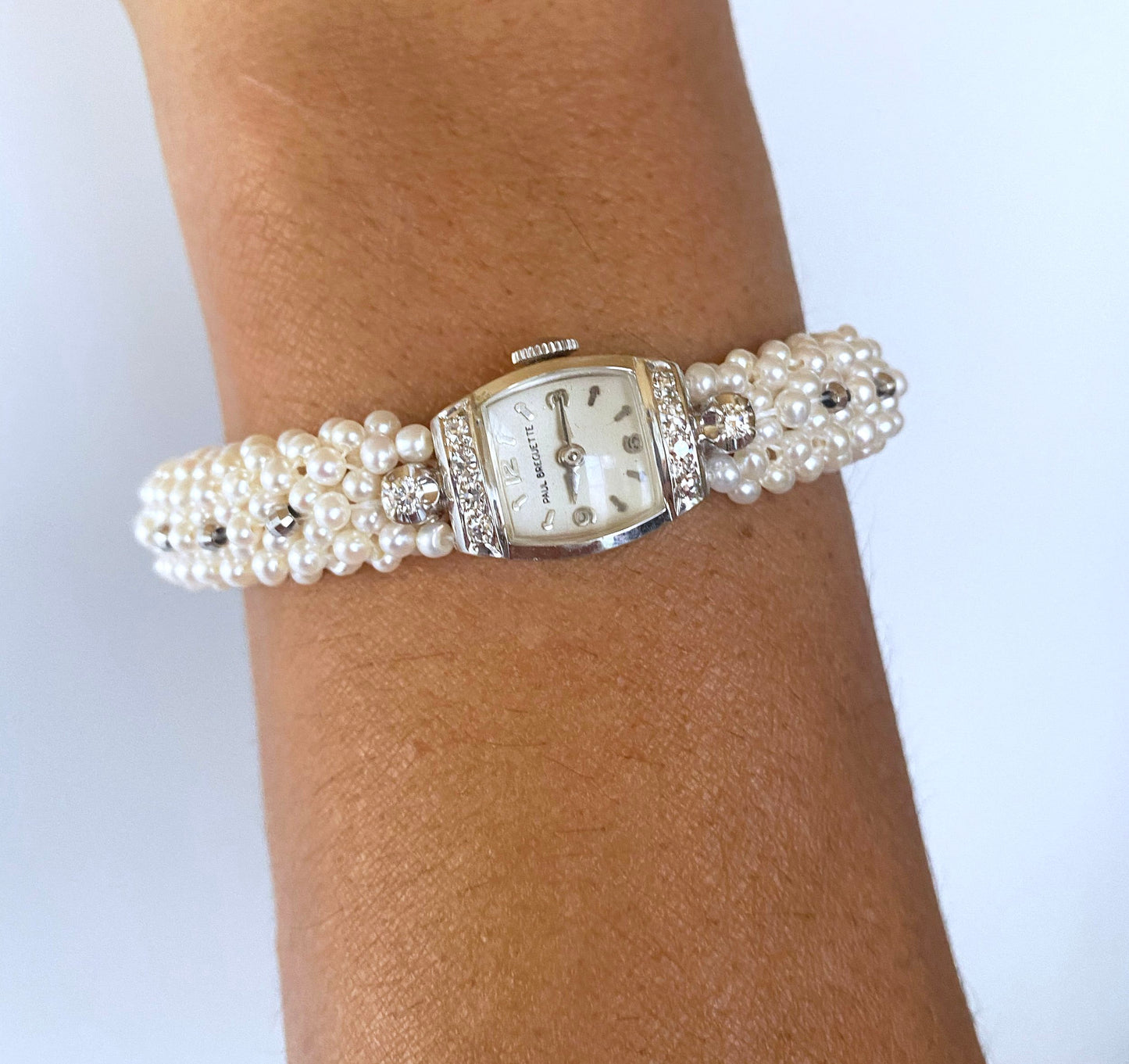 Woven Pearl Band with Vintage 14k White Gold Diamond encrusted Watch