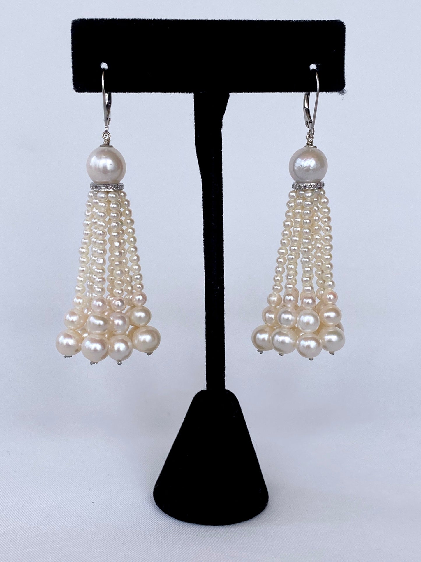 Graduated Pearl Tassel Earrings with Diamond Encrusted 14k White Gold