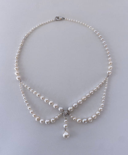 Victorian Inspired Pearl and Rhodium Draped Romance Necklace