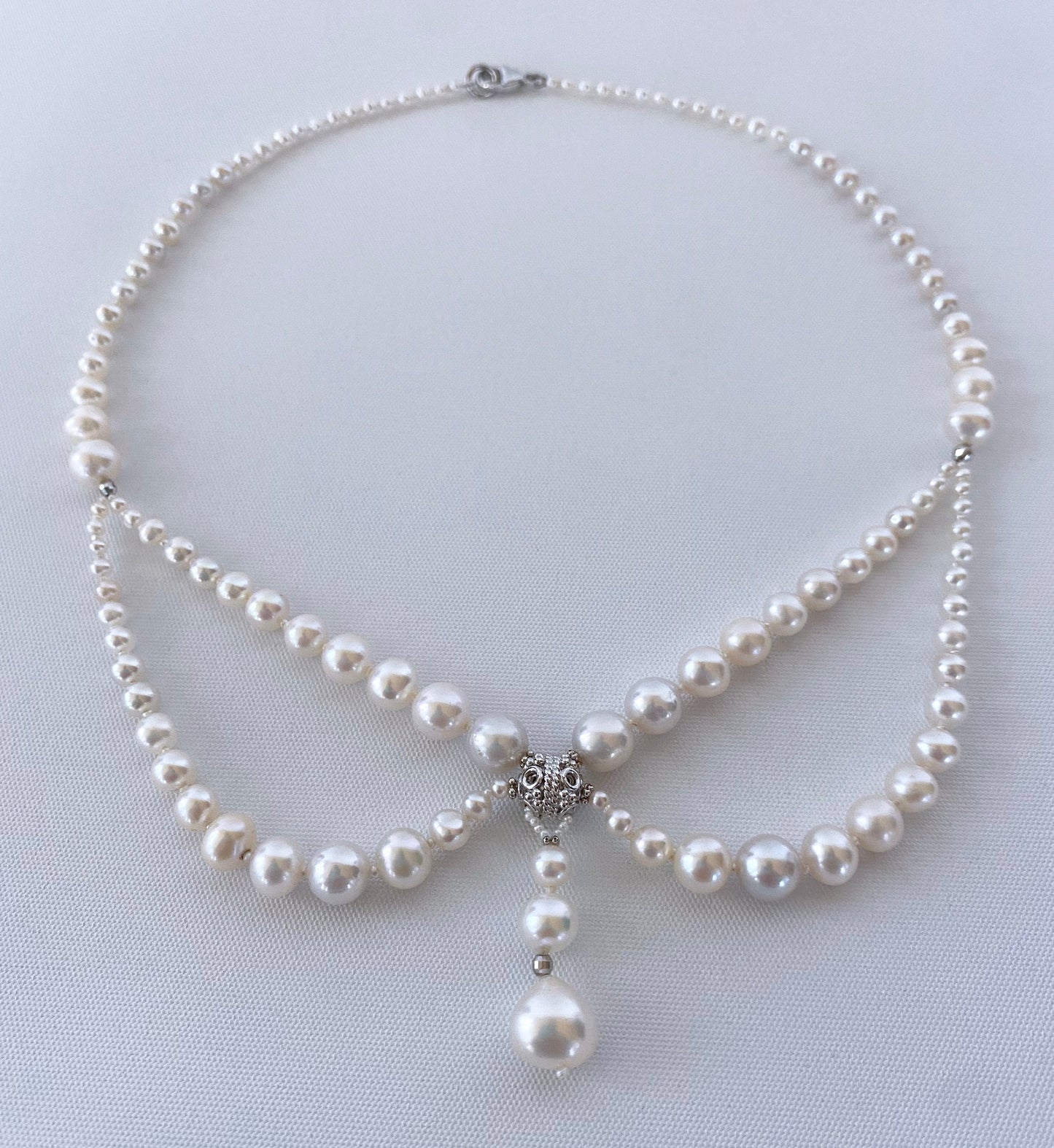Victorian Inspired Pearl and Rhodium Draped Romance Necklace