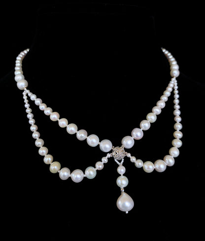 Victorian Inspired Pearl and Rhodium Draped Romance Necklace