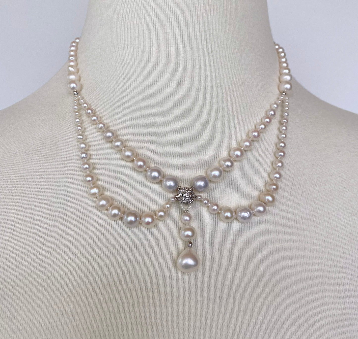Victorian Inspired Pearl and Rhodium Draped Romance Necklace