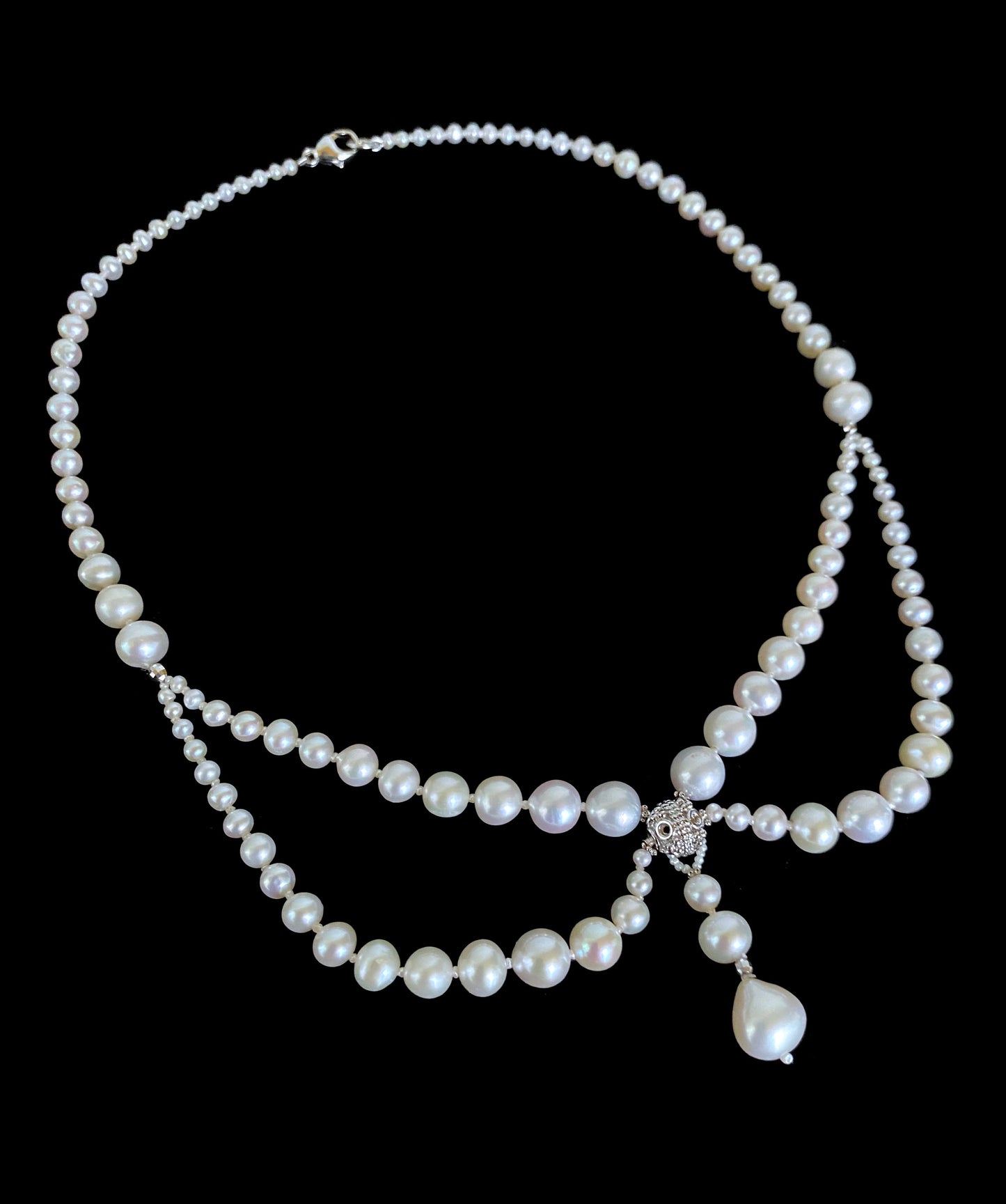 Victorian Inspired Pearl and Rhodium Draped Romance Necklace