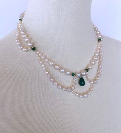 Graduated & Draped Pearl, Emerald Necklace with 14K Yellow Gold