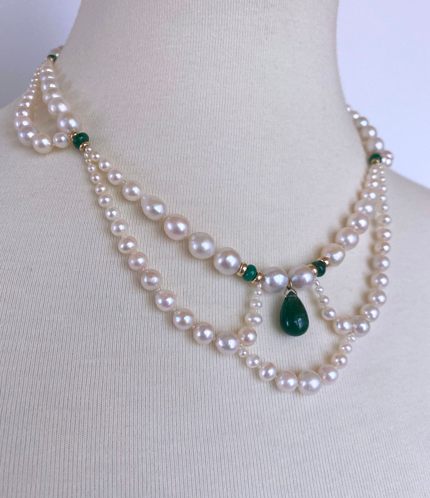 Graduated & Draped Pearl, Emerald Necklace with 14K Yellow Gold