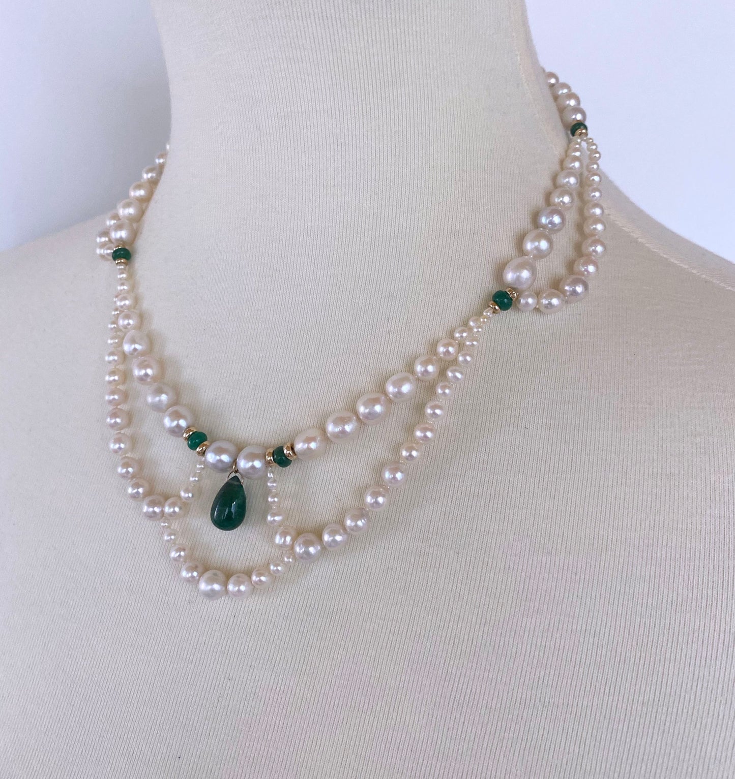 Graduated & Draped Pearl, Emerald Necklace with 14K Yellow Gold