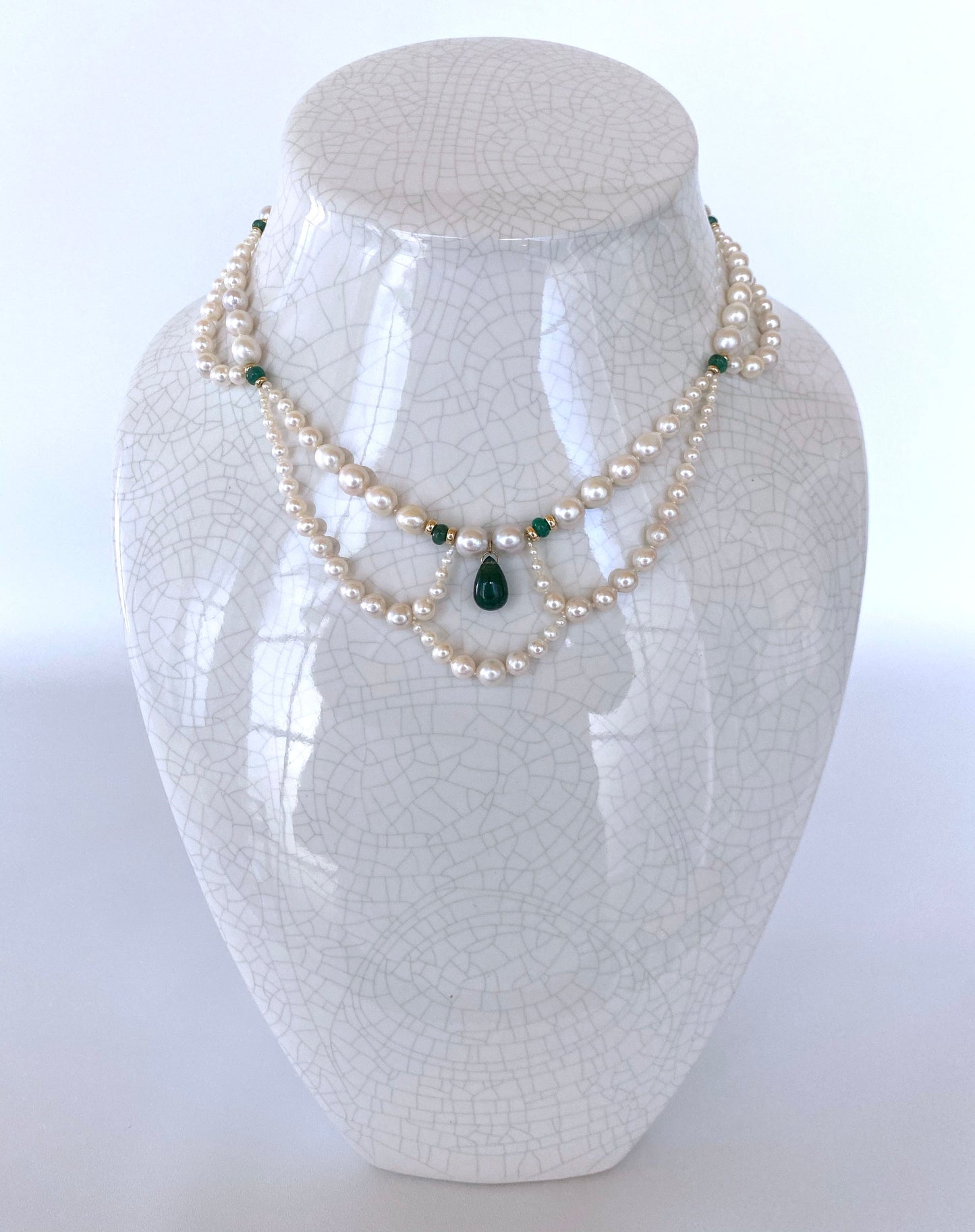 Graduated & Draped Pearl, Emerald Necklace with 14K Yellow Gold