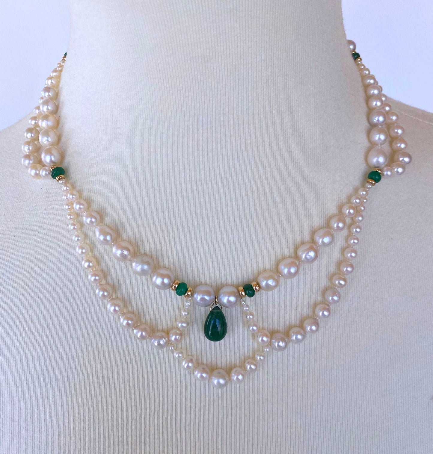 Graduated & Draped Pearl, Emerald Necklace with 14K Yellow Gold