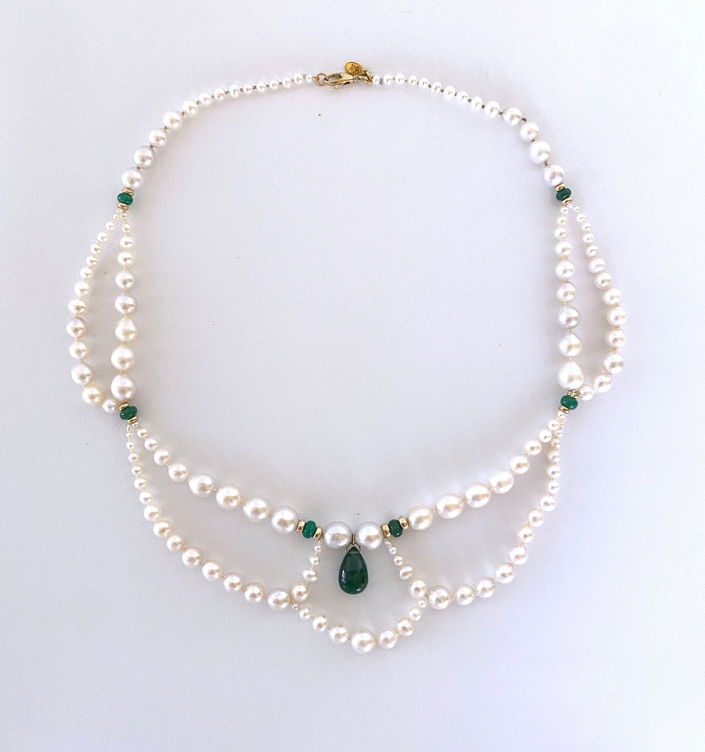 Graduated & Draped Pearl, Emerald Necklace with 14K Yellow Gold