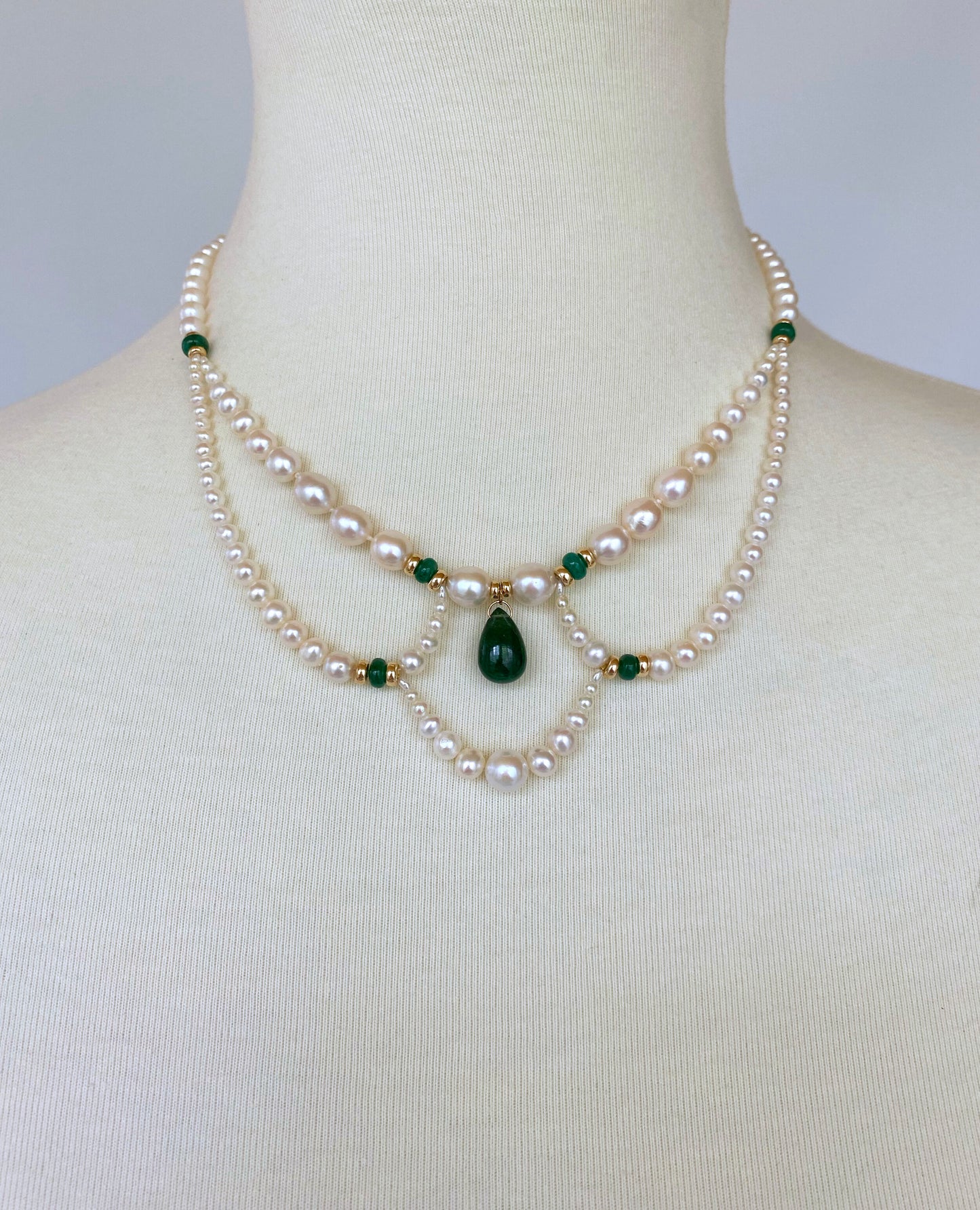 Marina J. Graduated Pearl, Emerald and 14K Victorian Inspired Necklace