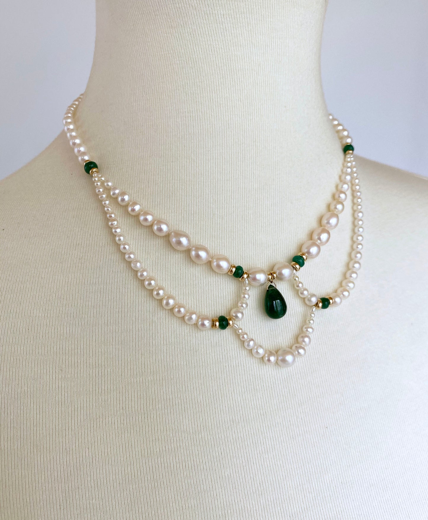 Marina J. Graduated Pearl, Emerald and 14K Victorian Inspired Necklace