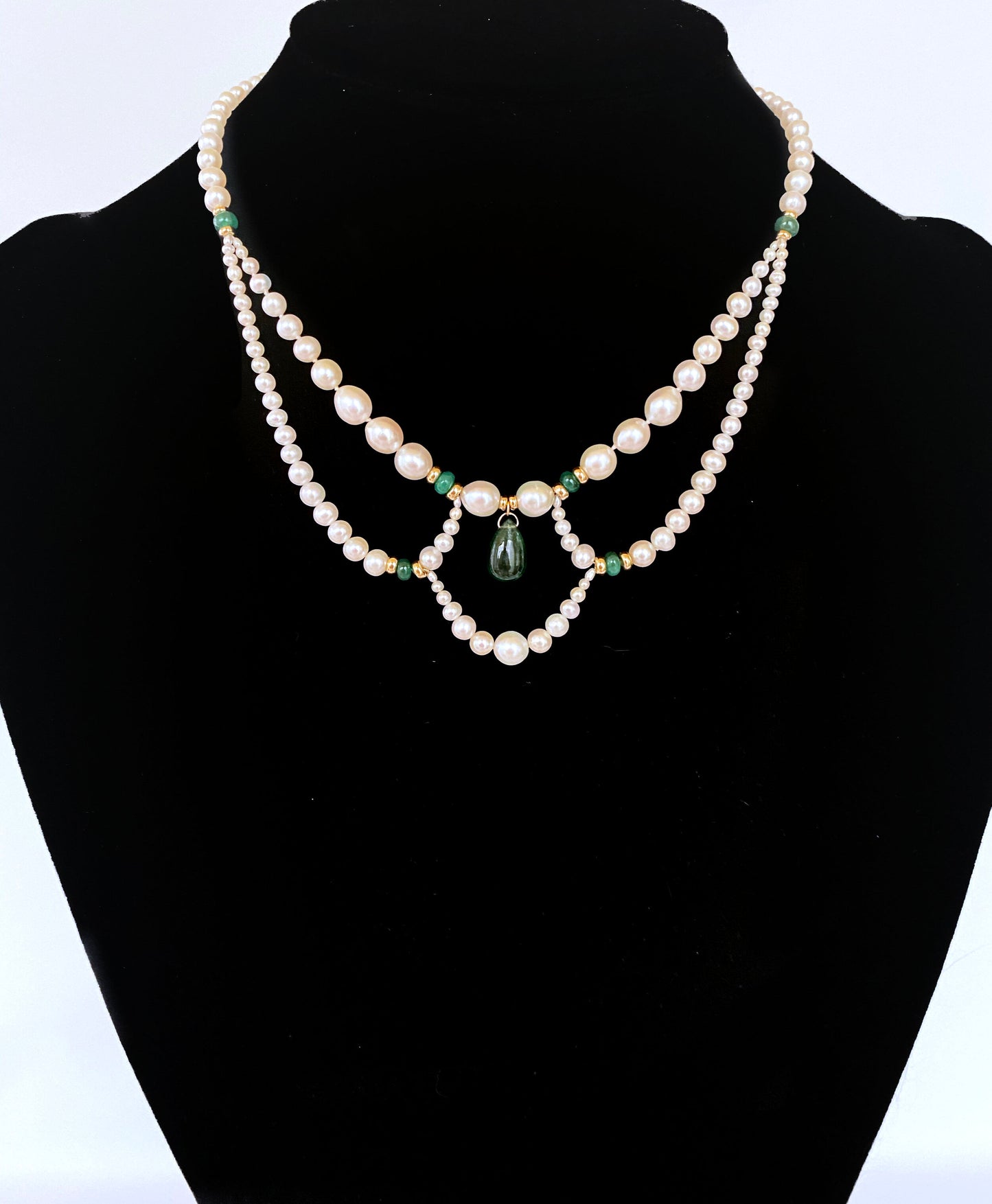 Marina J. Graduated Pearl, Emerald and 14K Victorian Inspired Necklace