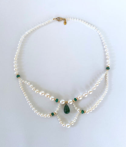 Marina J. Graduated Pearl, Emerald and 14K Victorian Inspired Necklace