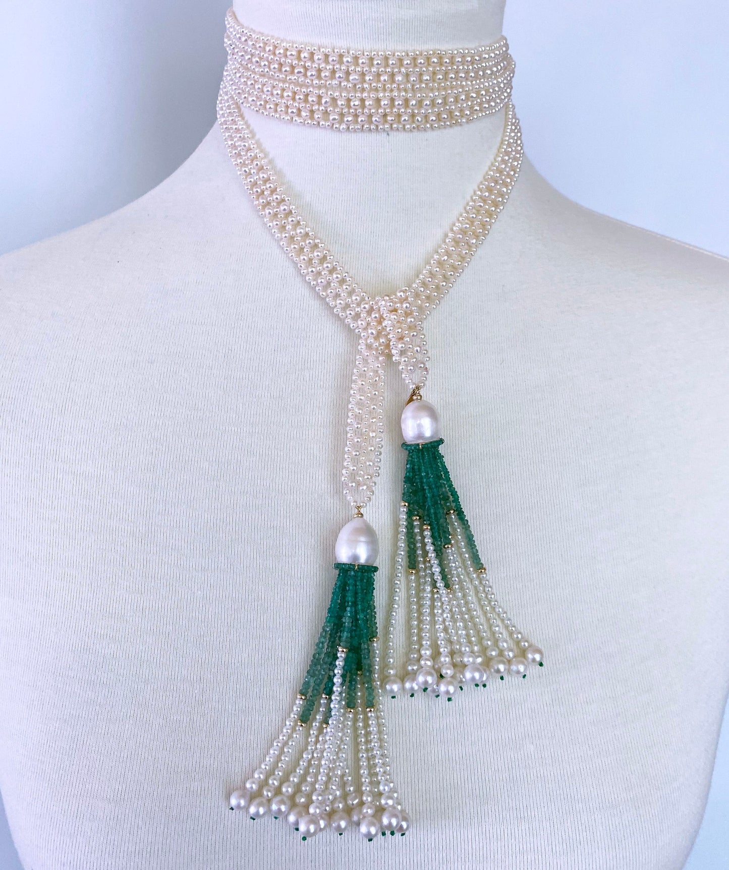 Pearl Woven Sautoir with Graduated 14k and Emerald Tassels