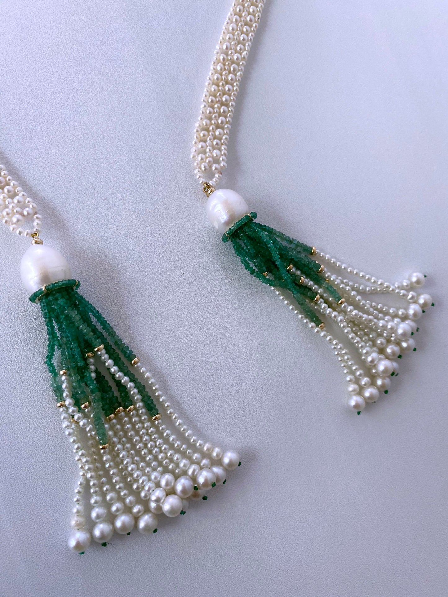 Pearl Woven Sautoir with Graduated 14k and Emerald Tassels
