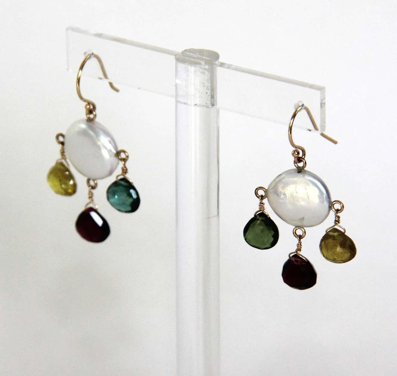 Multicolor Tourmaline, Pearls and 14 k Yellow Gold Earrings