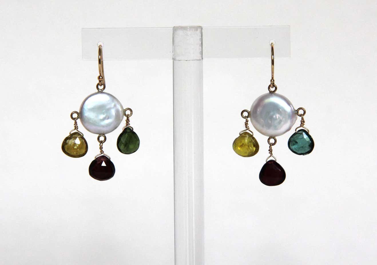 Multicolor Tourmaline, Pearls and 14 k Yellow Gold Earrings