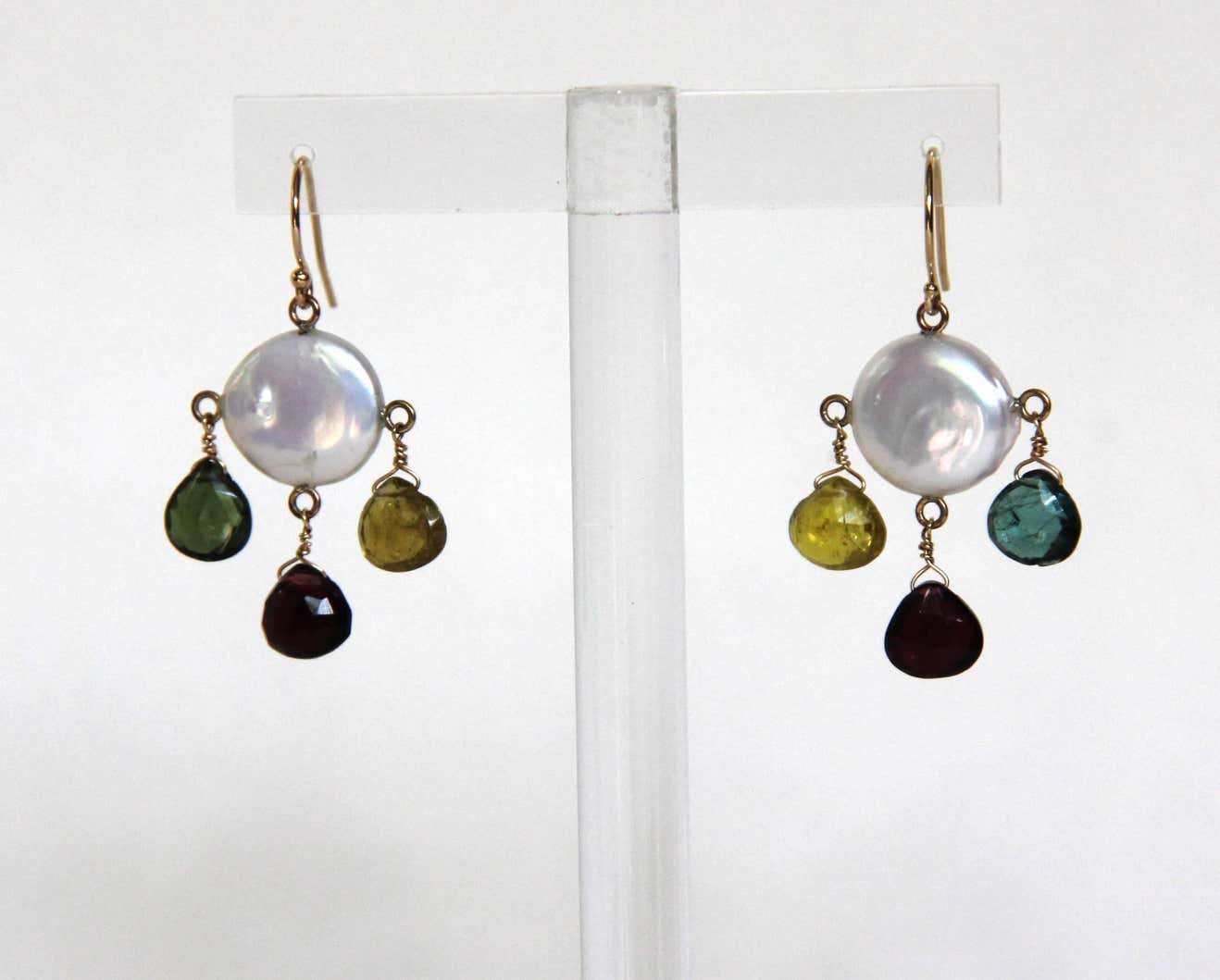 Multicolor Tourmaline, Pearls and 14 k Yellow Gold Earrings