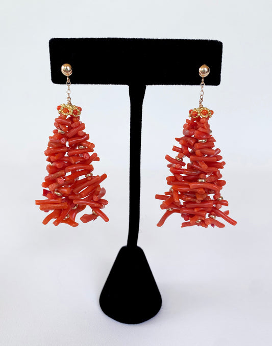 Coral & solid 14k Yellow Gold Tassel Earrings
