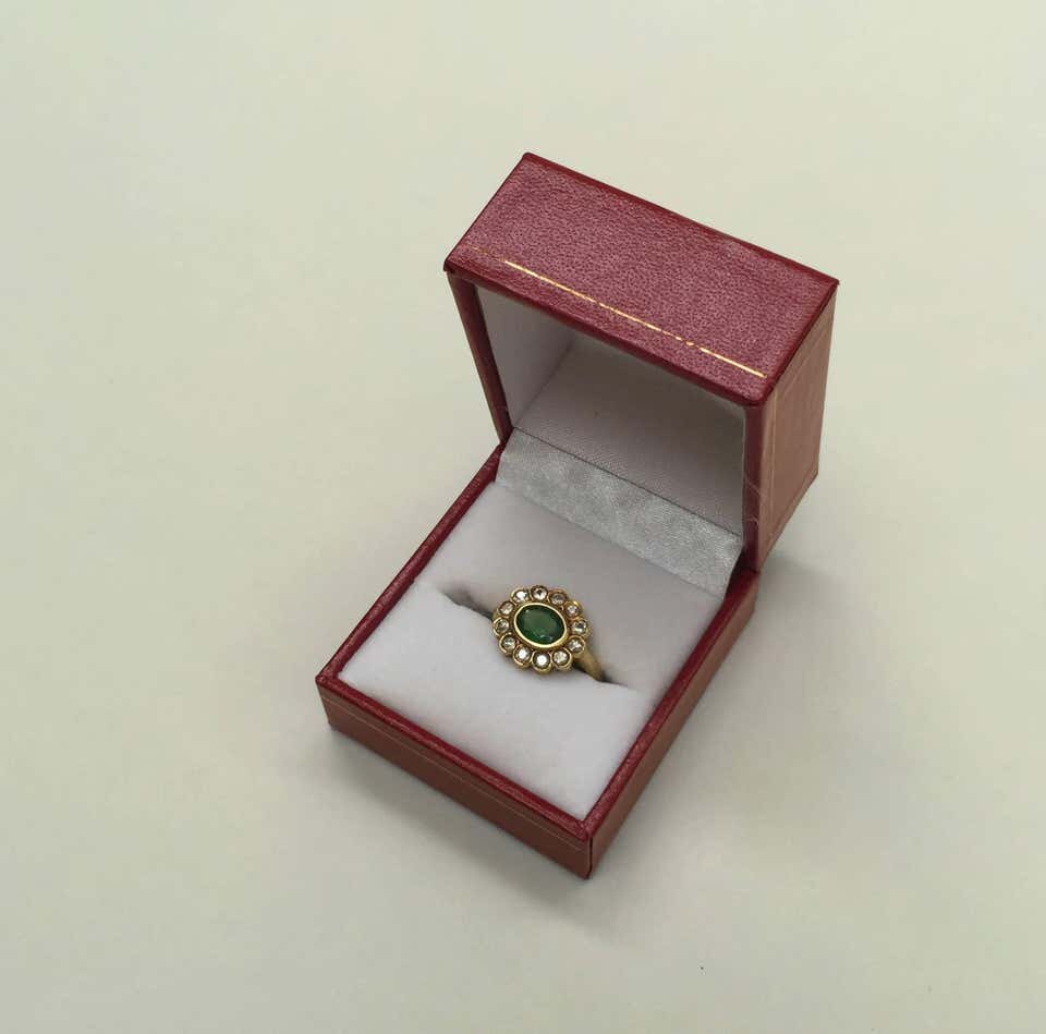 Emerald and Old Cut Diamond 18K Yellow Gold Ring