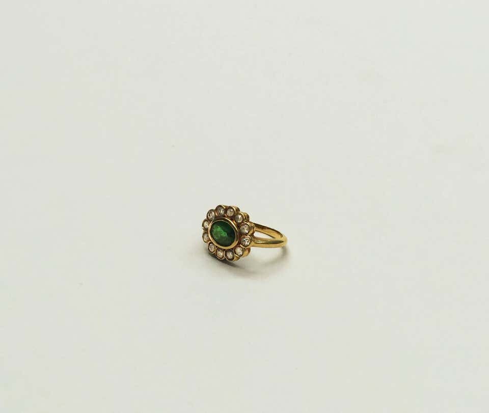 Emerald and Old Cut Diamond 18K Yellow Gold Ring