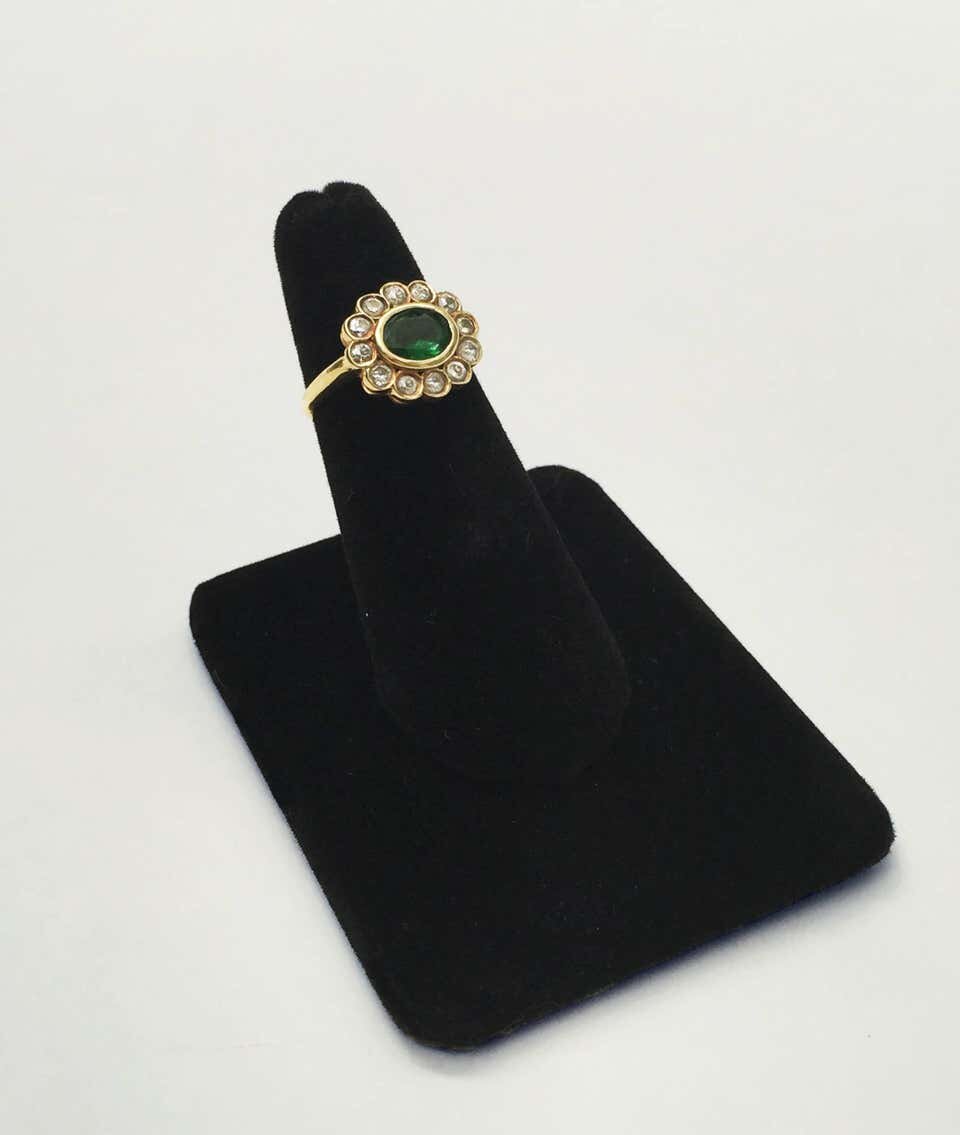 Emerald and Old Cut Diamond 18K Yellow Gold Ring
