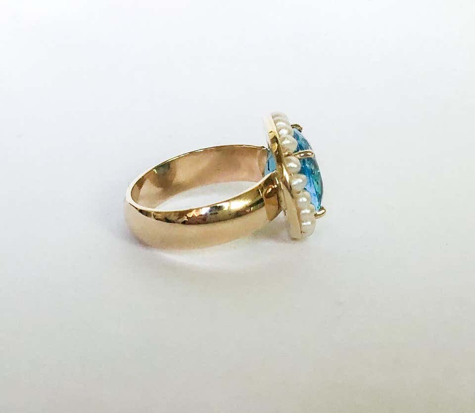 Blue Topaz Ring with Seed Pearls and 14 Karat Gold Band