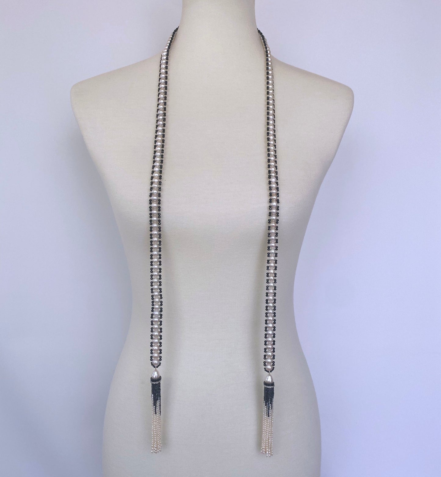 Woven Pearl Sautoir with Black Spinel and Diamond encrusted Roundels