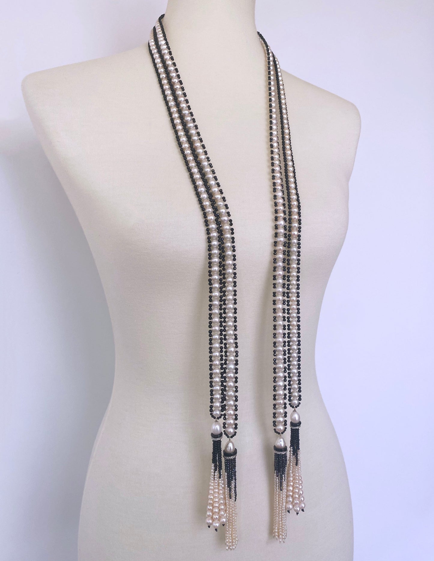 Woven Pearl Sautoir with Black Spinel and Diamond encrusted Roundels