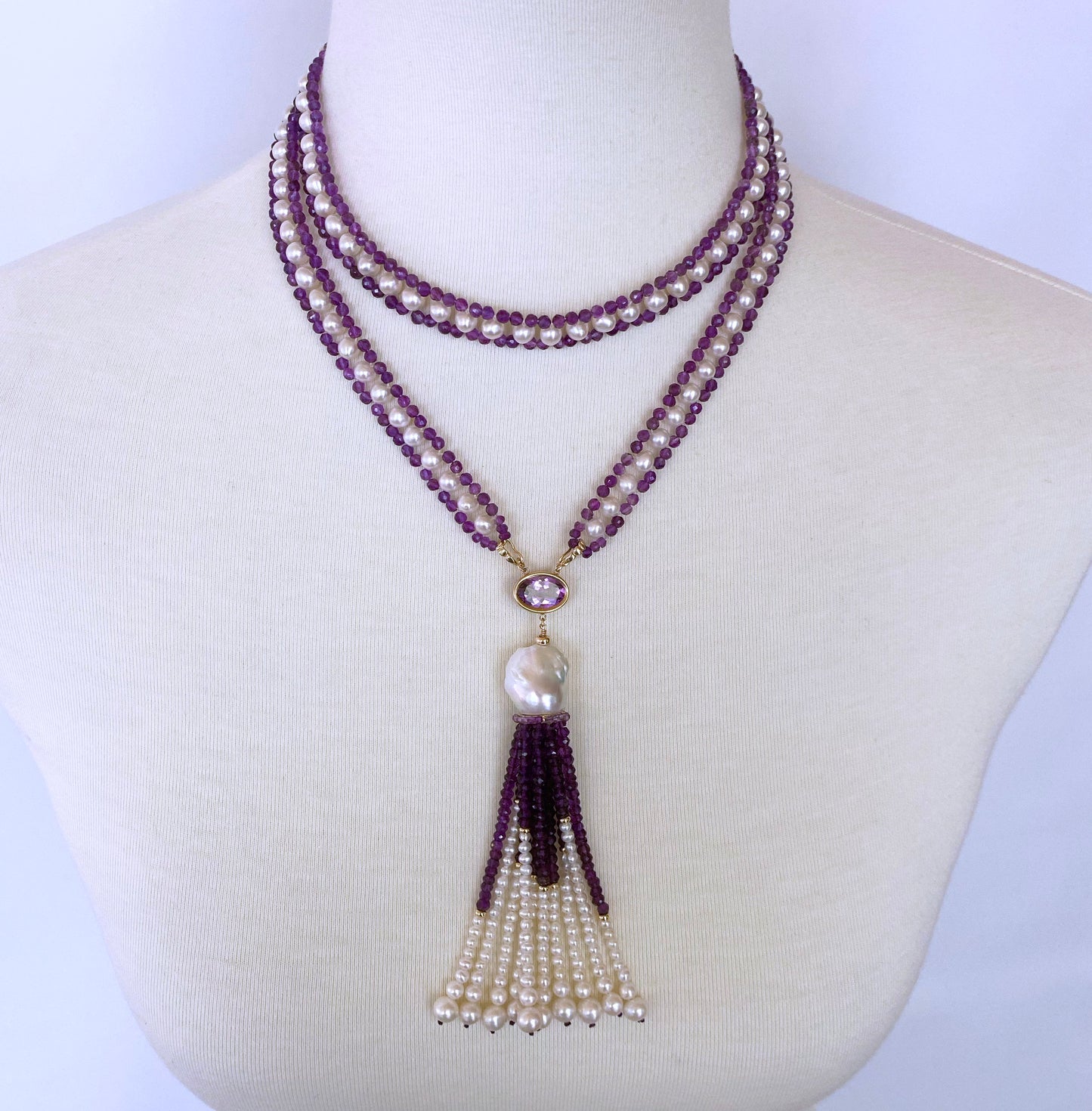 Pearl, Amethyst and 14k Yellow Gold Sautoir with Tassel