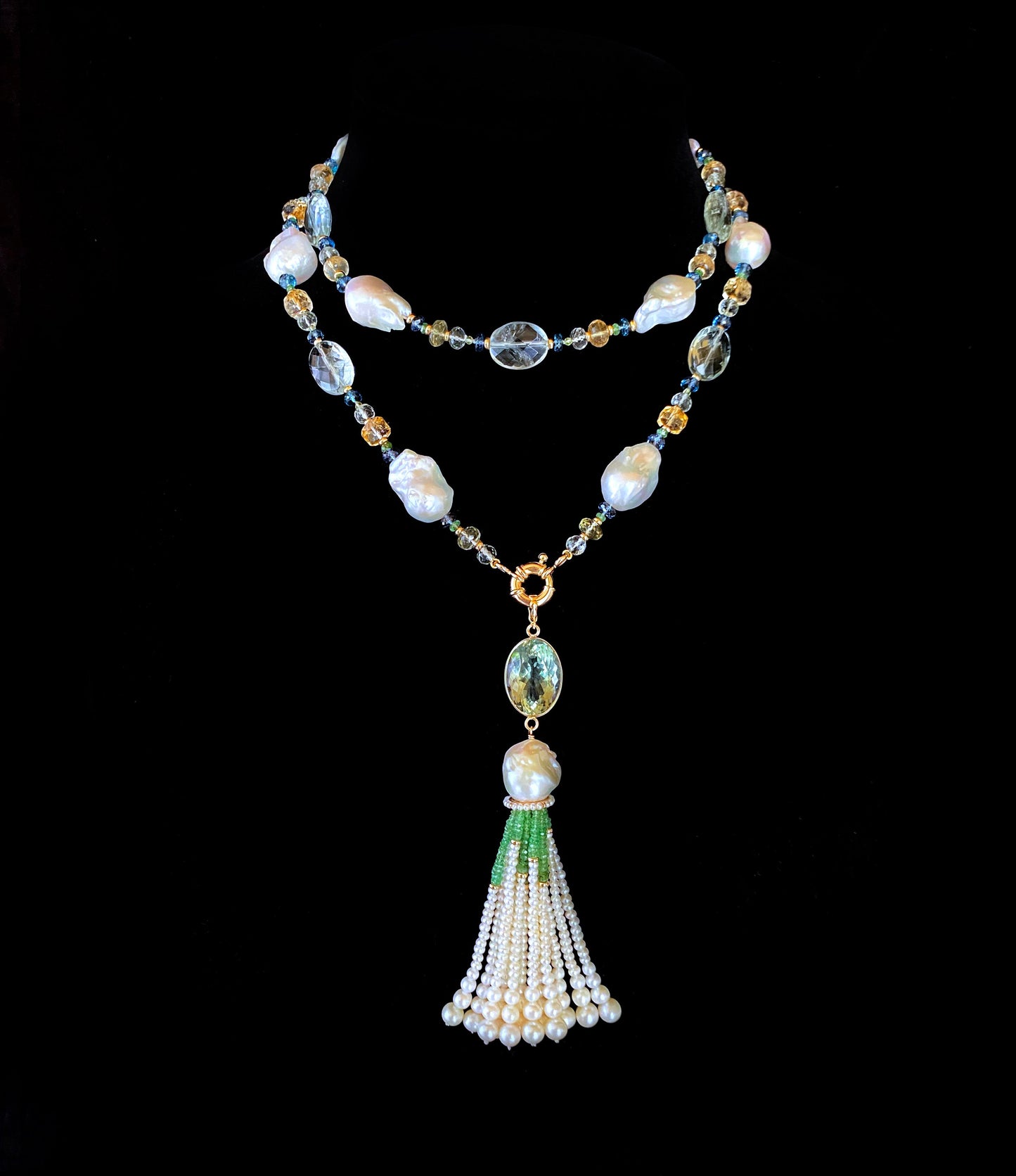 Semi Precious Gem Sautoir with Green Amethyst Tassel & 14k Yellow Gold