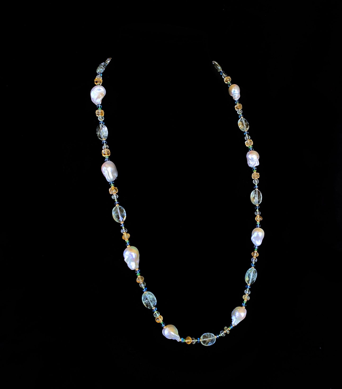 Semi Precious Gem Sautoir with Green Amethyst Tassel & 14k Yellow Gold