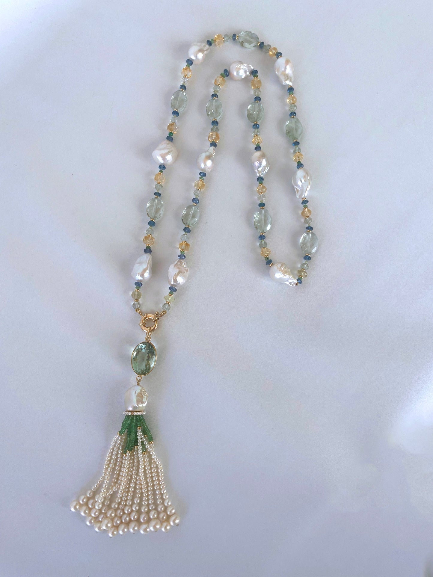 Semi Precious Gem Sautoir with Green Amethyst Tassel & 14k Yellow Gold