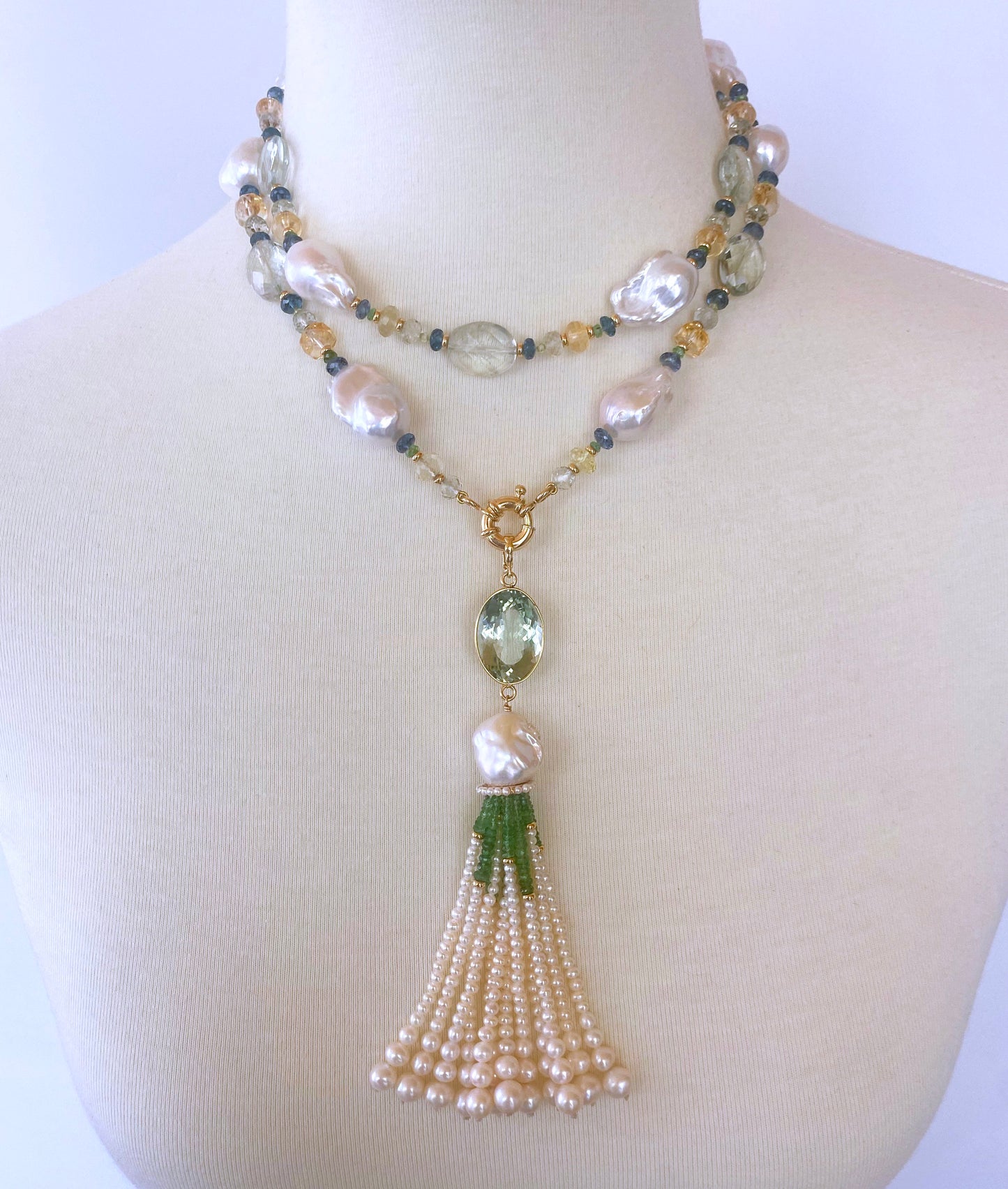 Semi Precious Gem Sautoir with Green Amethyst Tassel & 14k Yellow Gold