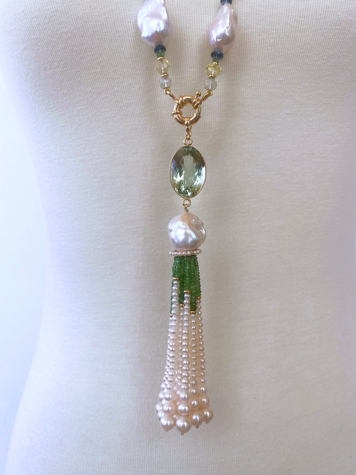 Semi Precious Gem Sautoir with Green Amethyst Tassel & 14k Yellow Gold