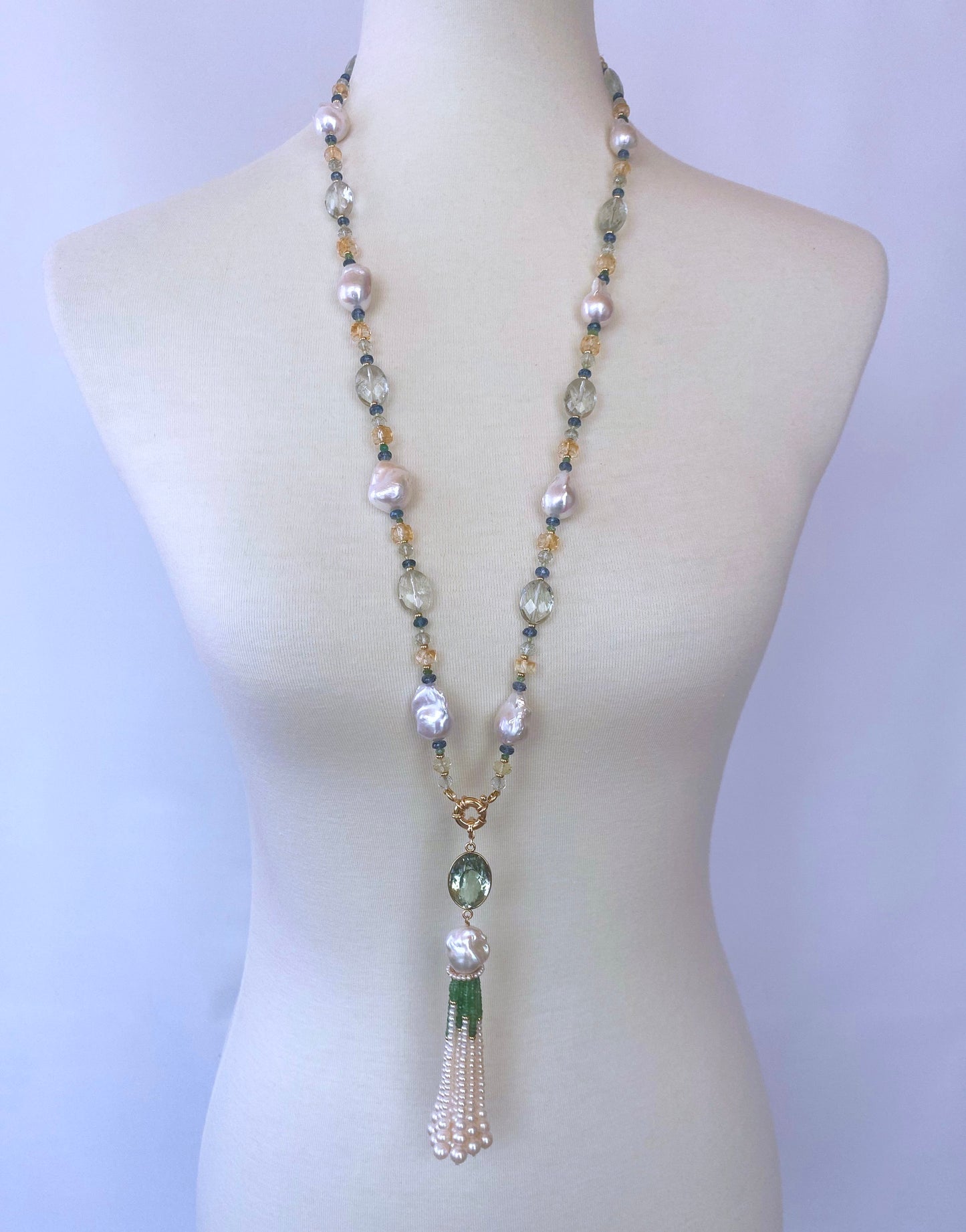 Semi Precious Gem Sautoir with Green Amethyst Tassel & 14k Yellow Gold