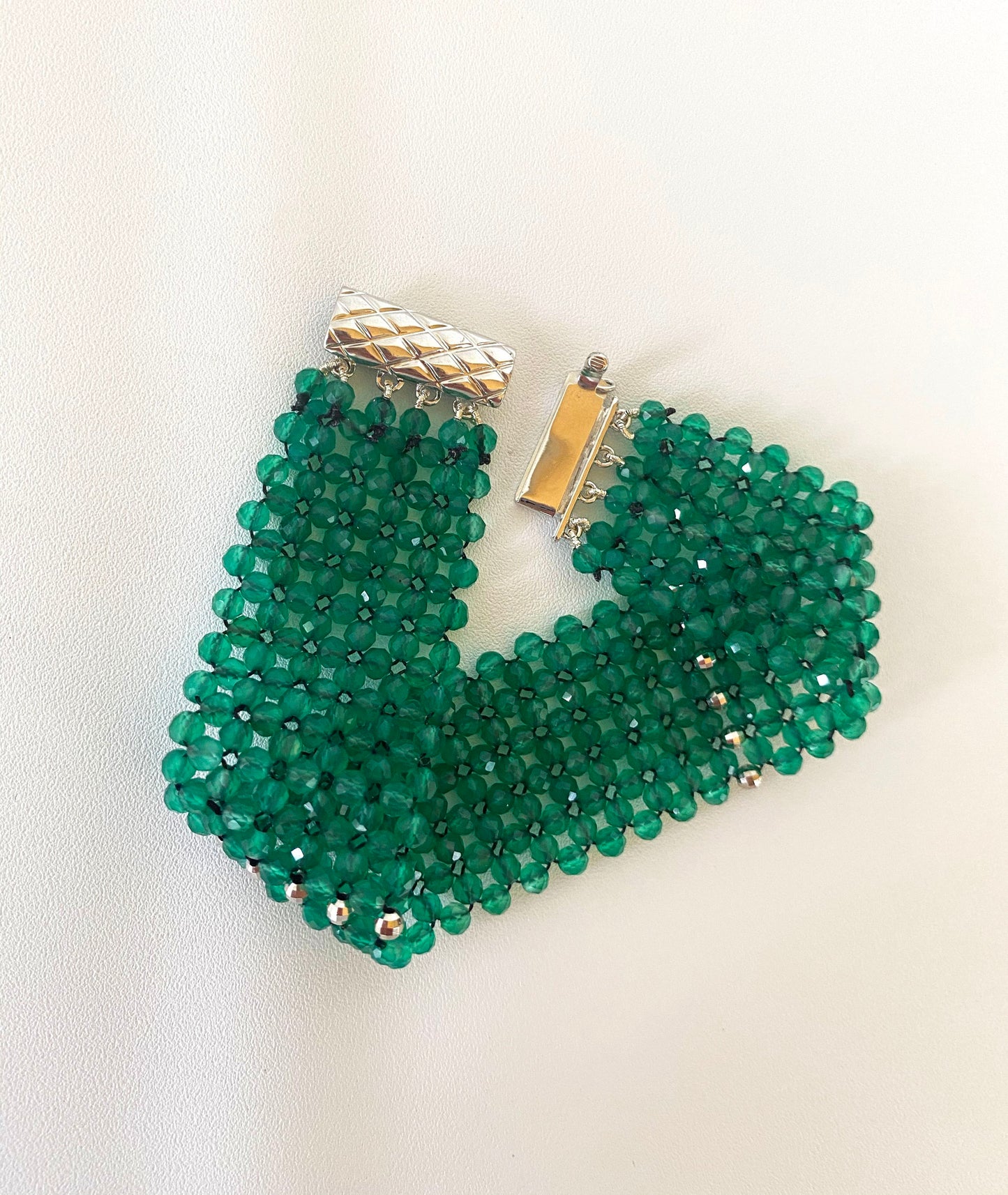 Hand Woven Green Onyx beads Bracelet with Rhodium Plated Silver clasp