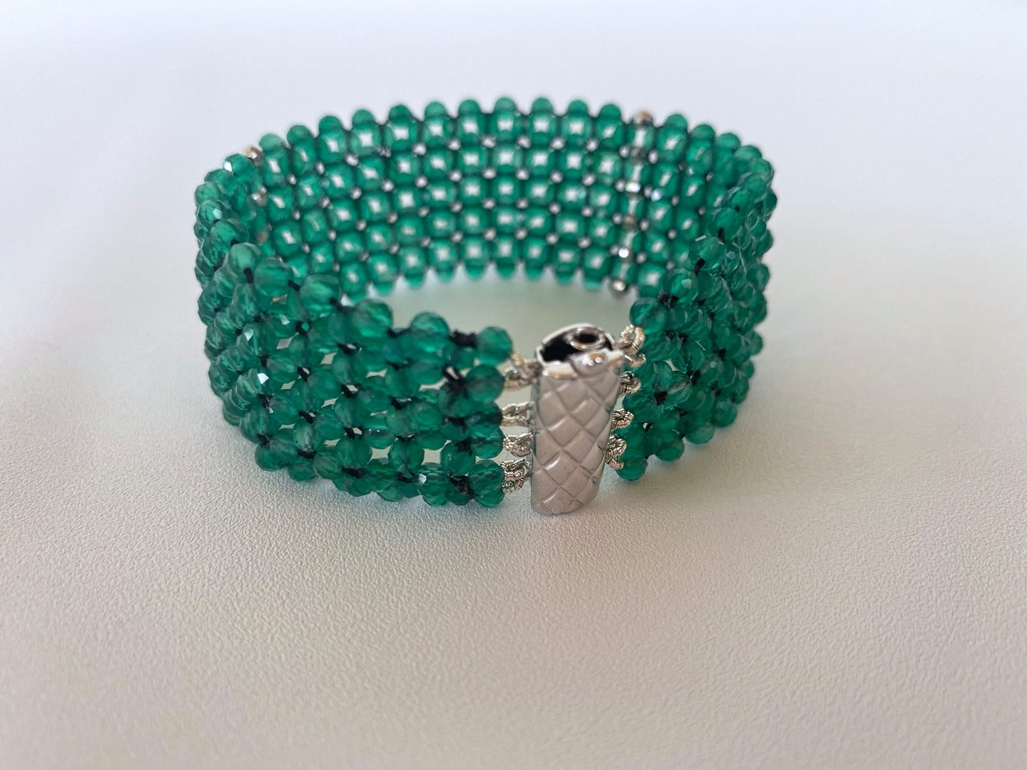 Hand Woven Green Onyx beads Bracelet with Rhodium Plated Silver clasp