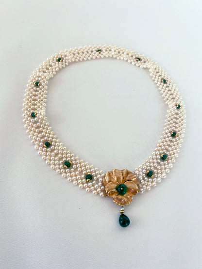 Marina J Woven Pearl and Emerald Necklace with Vintage Gold Centerpiece / Clasp