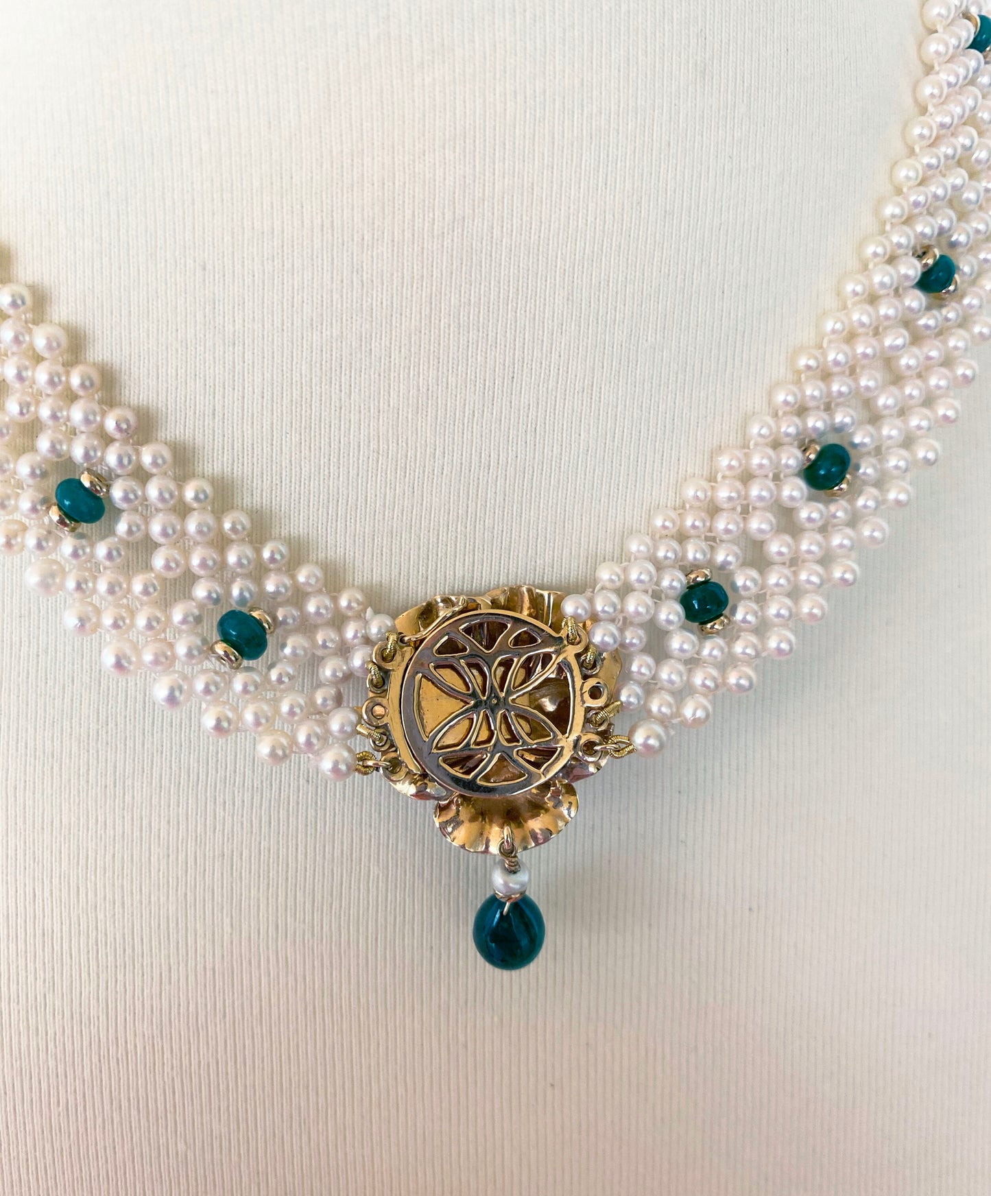 Marina J Woven Pearl and Emerald Necklace with Vintage Gold Centerpiece / Clasp
