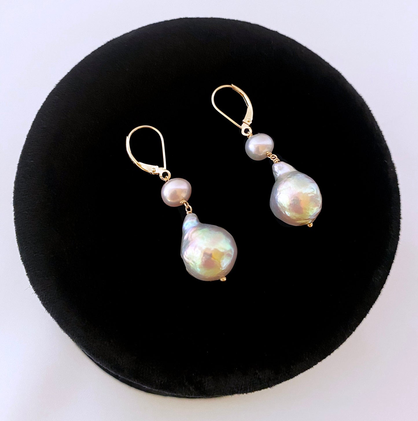 Grey Pearl and 14k Yellow Gold Lever Back Hooks