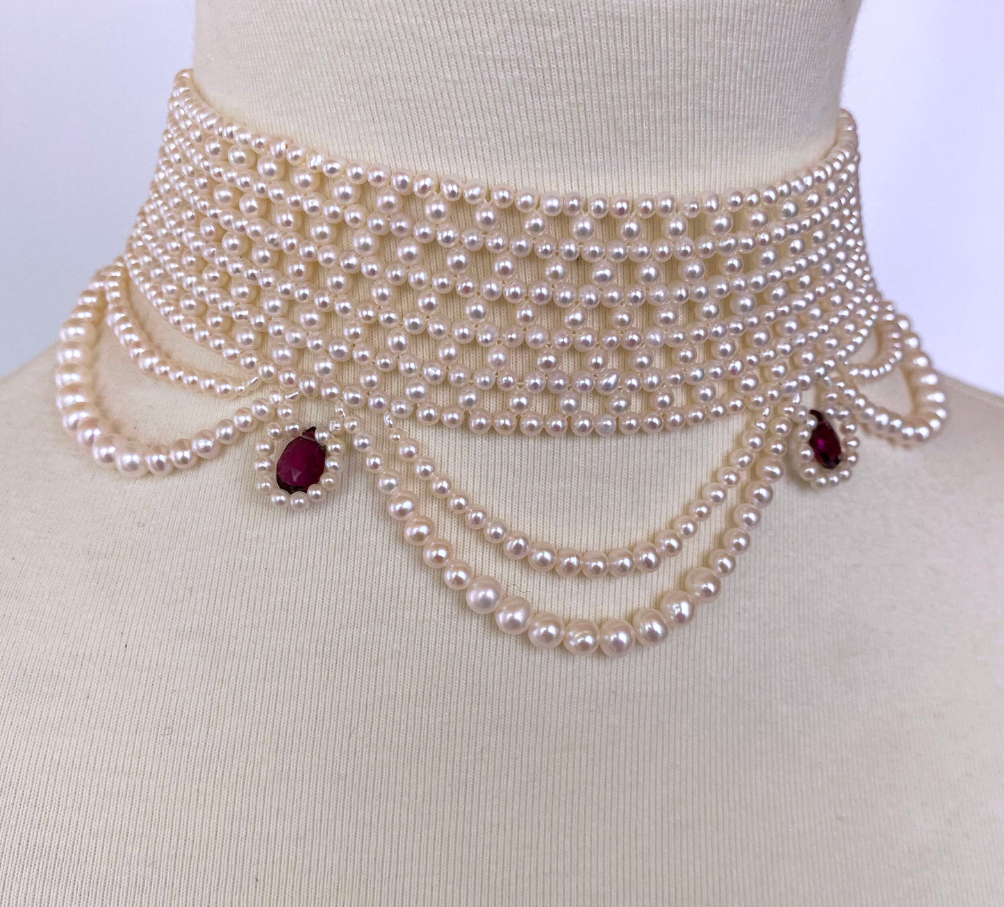 Woven Pearl Choker with Pearl Drapes, Garnet Briolettes and 14 K Gold